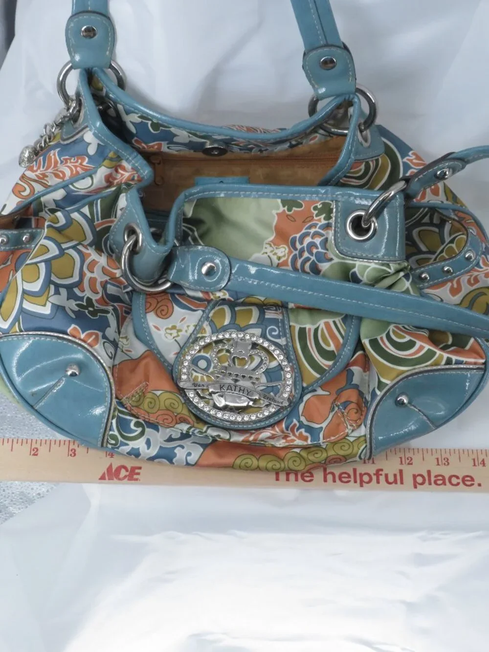 Vintage Kathy Van Zeeland Y2K Floral Hobo Satchel Bag Rhinestone Crown Logo Teal